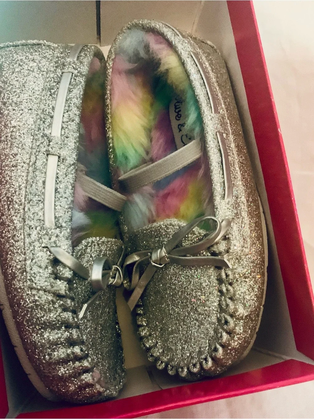 Olive & Edie Silver Glitter Kids Moccasins with Rainbow Faux-Fur Lining